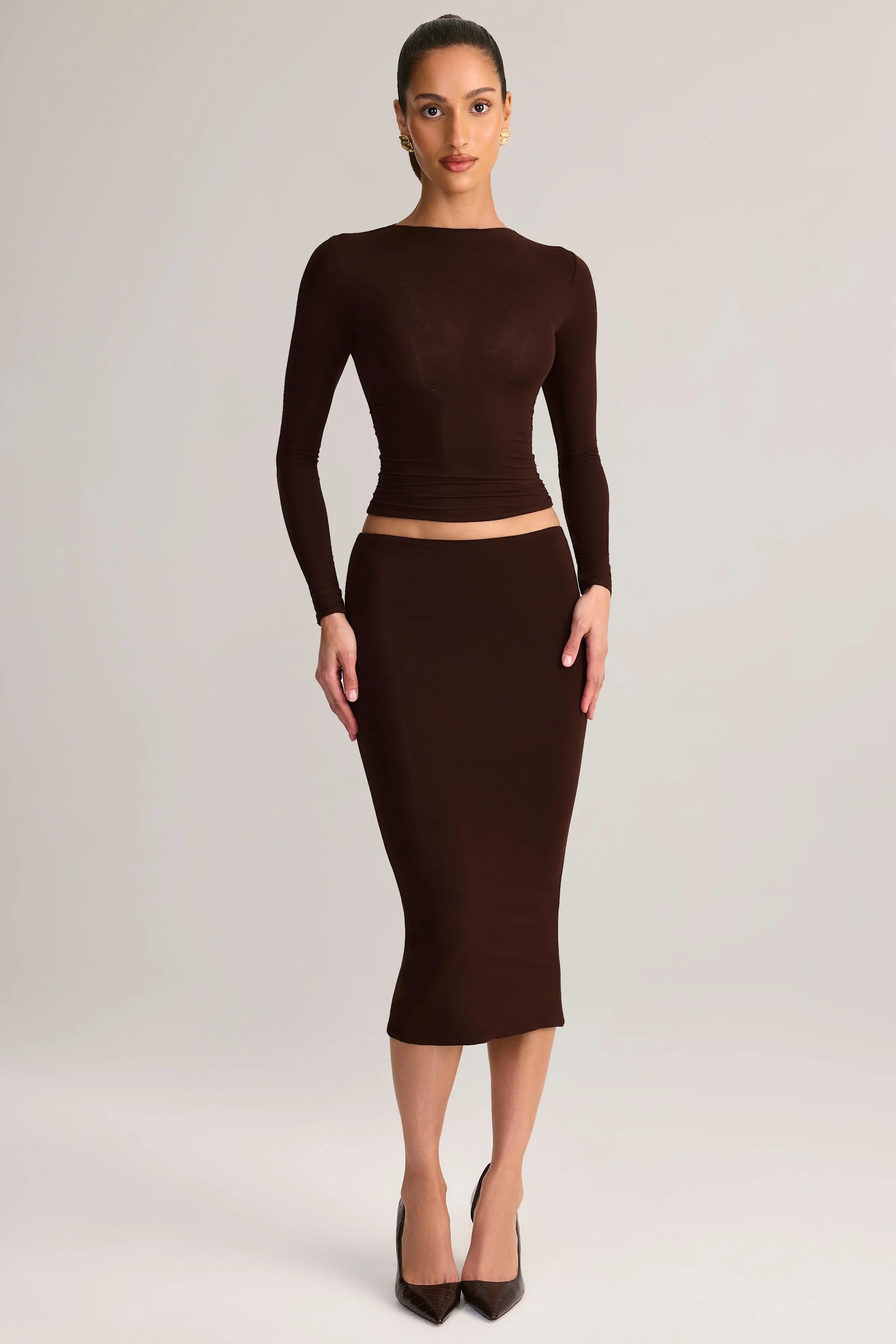 Modal Mid-Rise Pencil Midi Skirt in Chocolate Brown