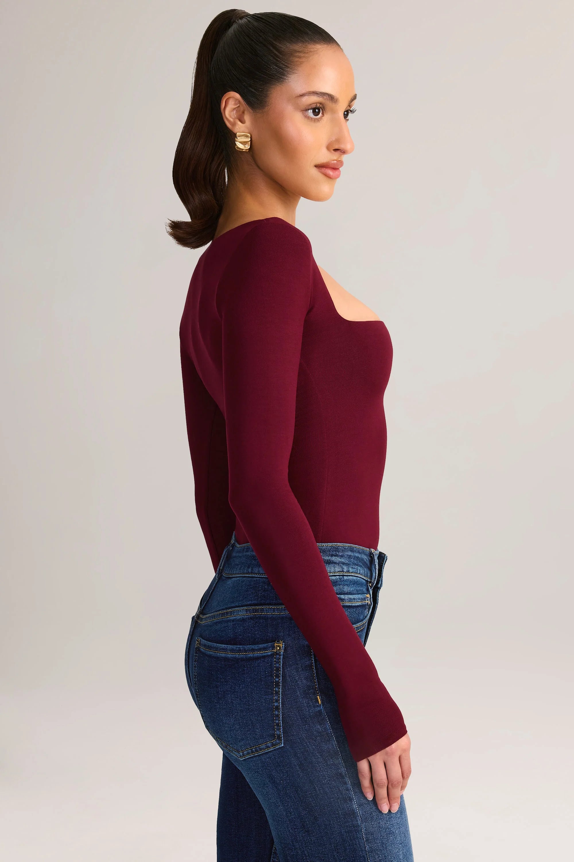 Modal Square-Neck Long-Sleeve Top in Wine