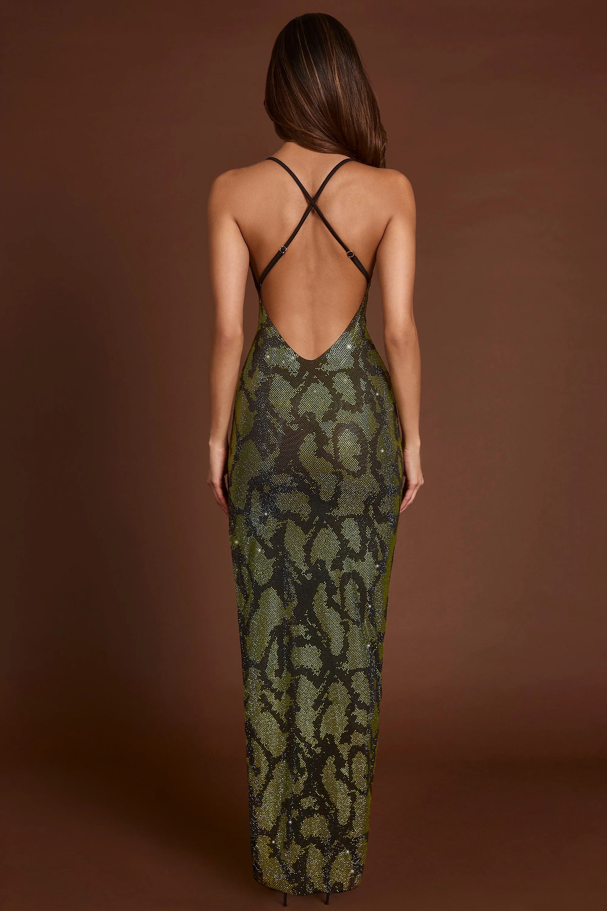 Embellished Halterneck Maxi Dress in Green Snake