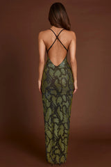 Embellished Halterneck Maxi Dress in Green Snake