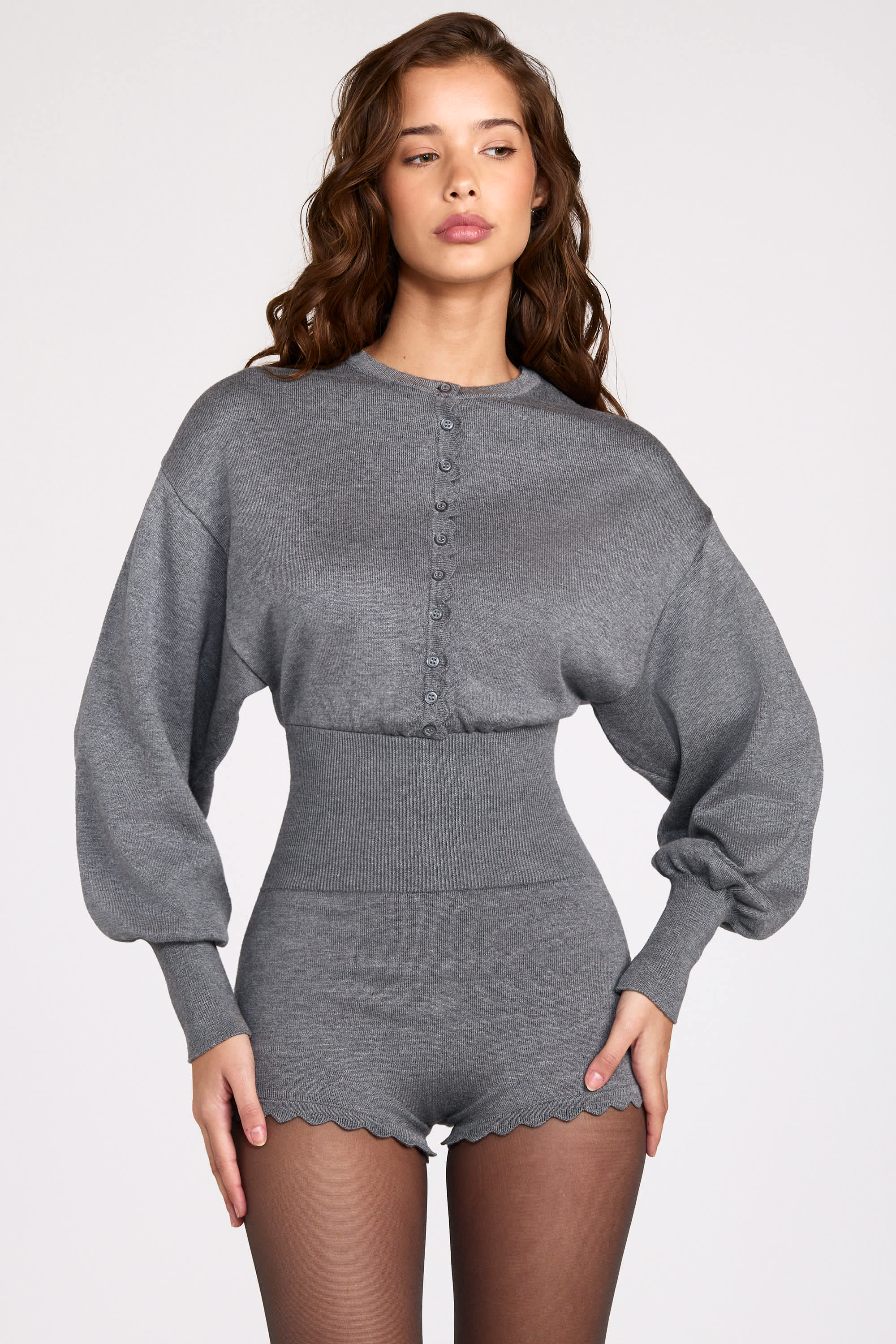 Fine-Knit Long-Sleeve Romper in Grey
