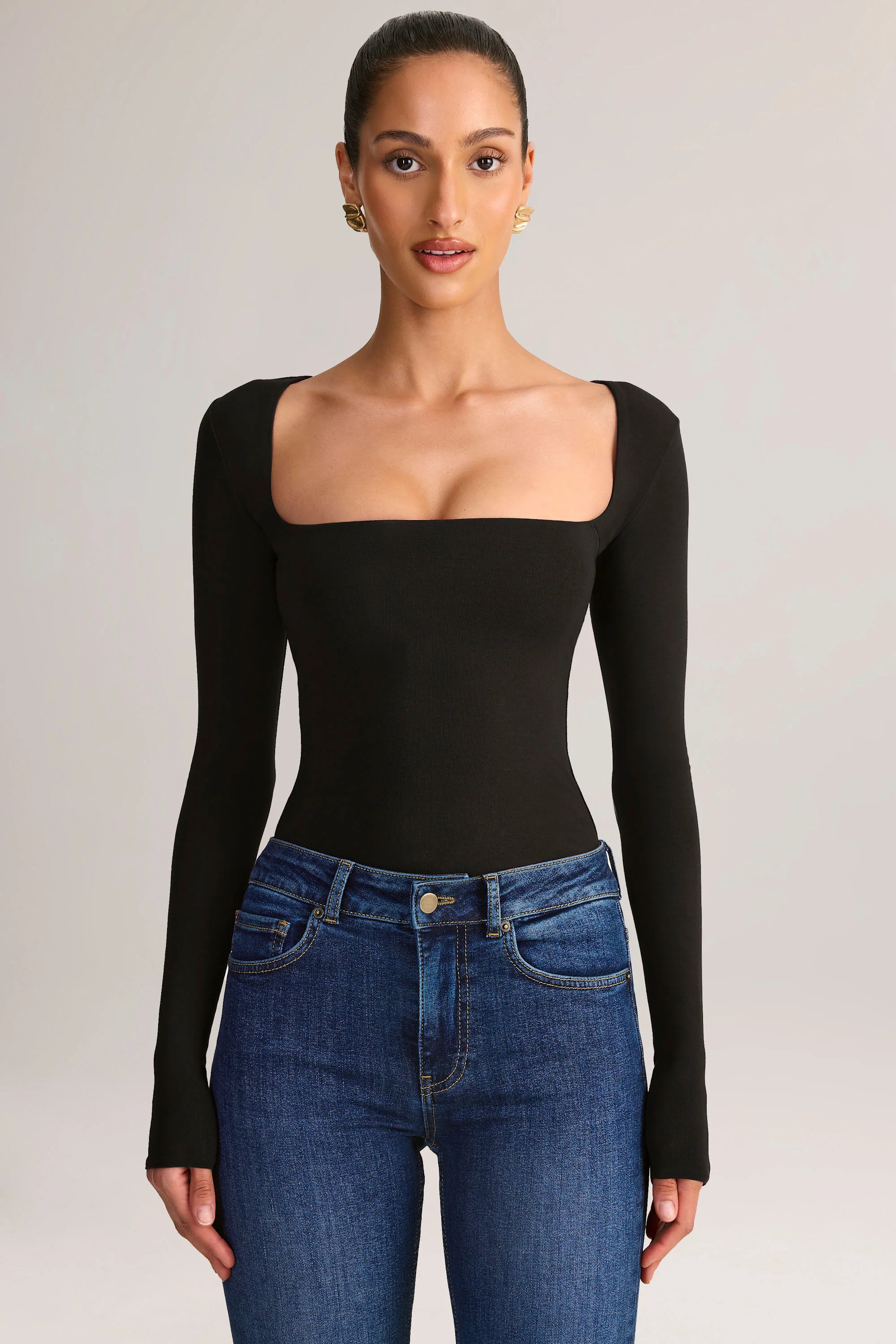 Modal Square-Neck Long-Sleeve Top in Black