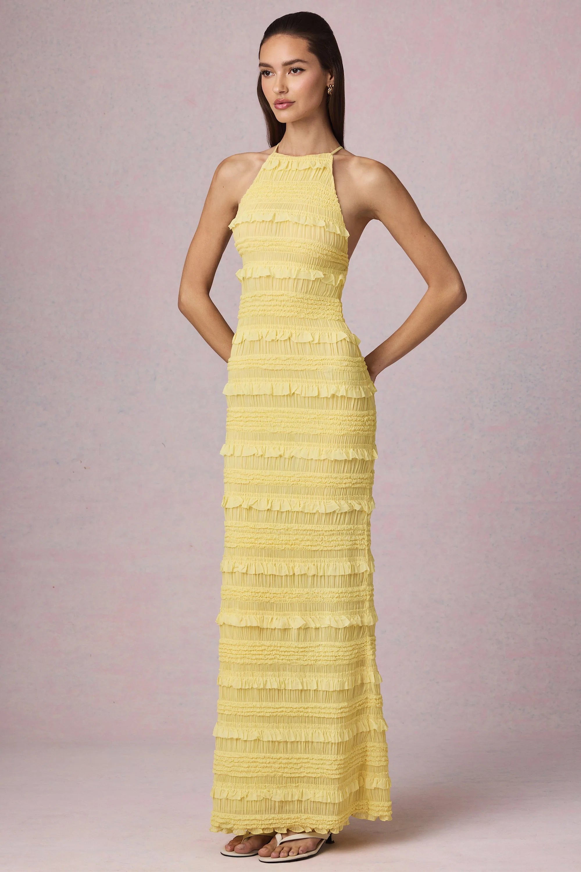Ruffled Backless Halterneck Maxi Dress in Lemon Yellow