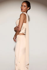 Embellished Lace-Up Corset Top With Scarf in Gold