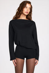 Modal Long-Sleeve Backless Romper in Black
