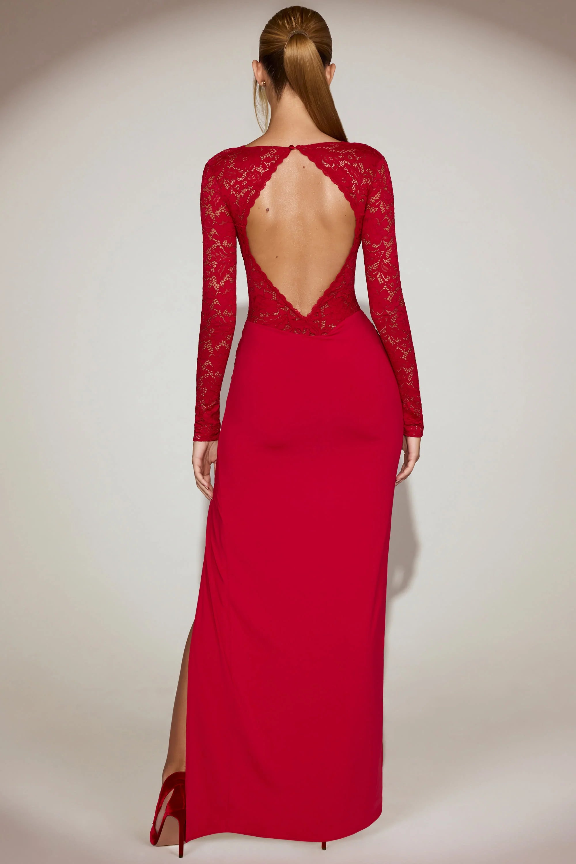 Lace Scalloped Plunge-Neck Maxi Dress in True Red