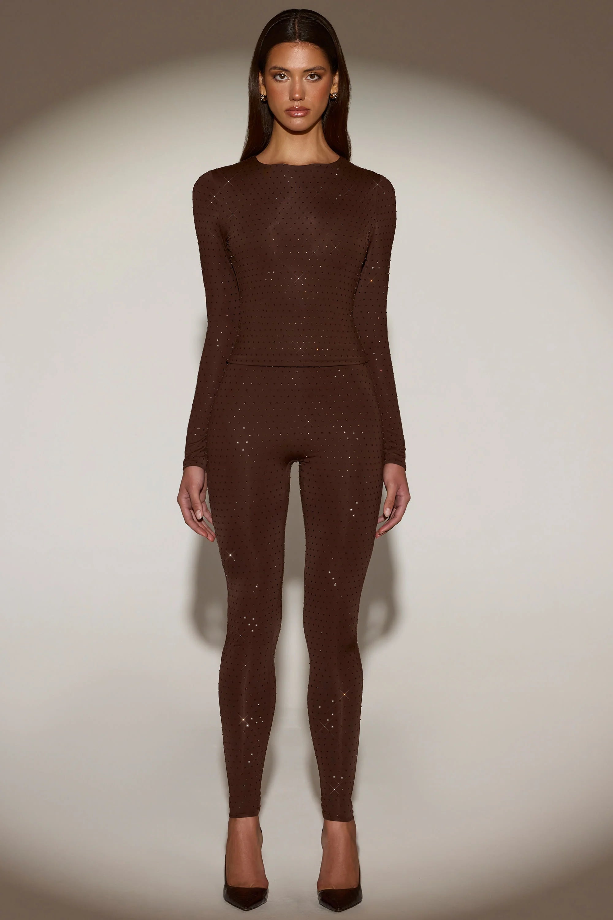 Embellished Jersey High-Waisted Leggings in Chocolate Brown