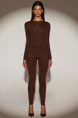 Embellished Jersey High-Waisted Leggings in Chocolate Brown
