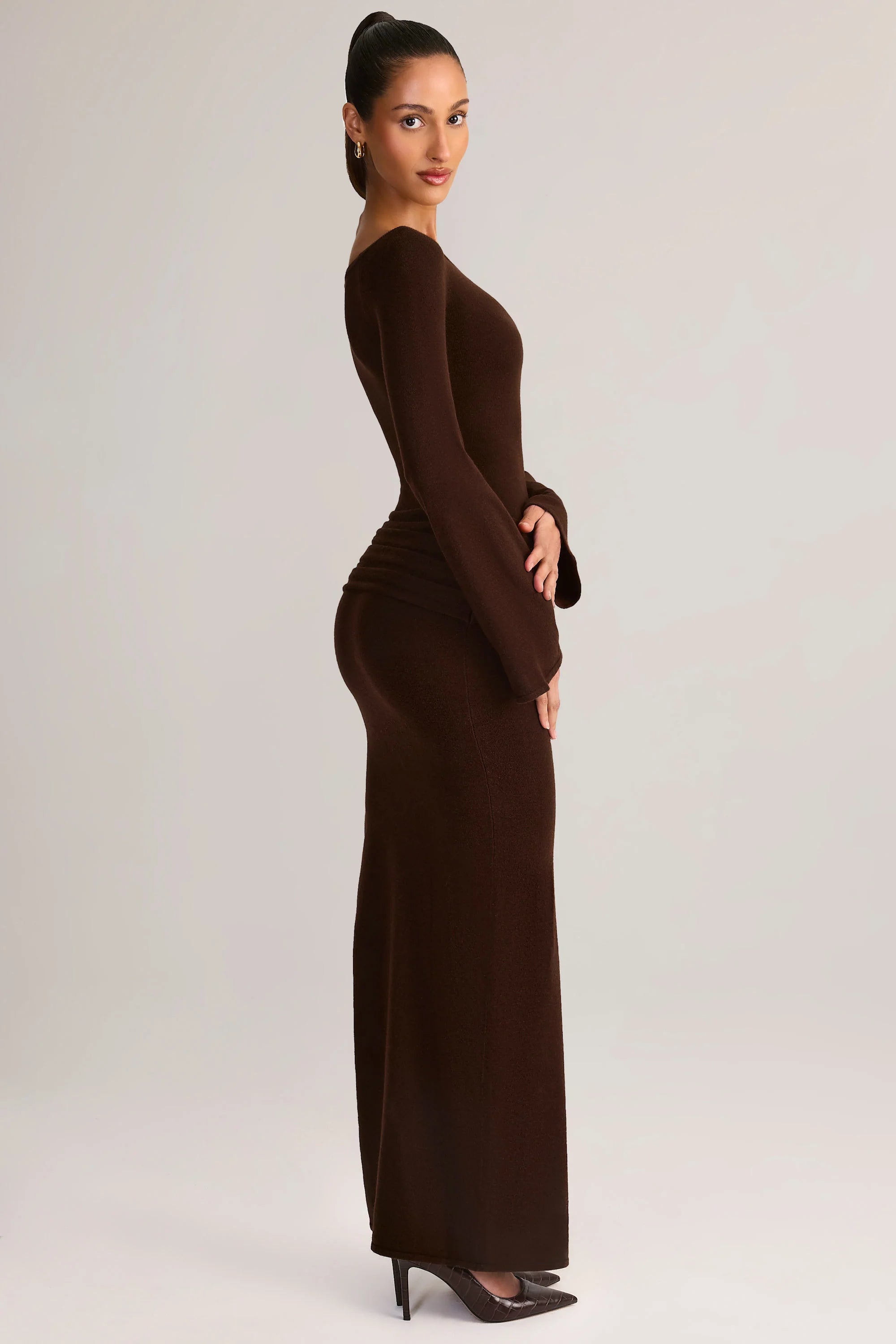 Rib-Knit Boat-Neck Long-Sleeve Maxi Dress in Chocolate Brown