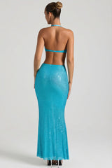 Embellished Cut-Out Halterneck Maxi Dress in Aqua Blue