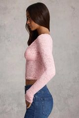 Sheer Lace Plunge-Neck Long-Sleeve Top in Pink