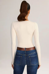 Modal Round-Neck Long-Sleeve Bodysuit in Cream