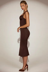 Satin Sweetheart Bustier Fishtail Midaxi Dress in Chocolate Brown