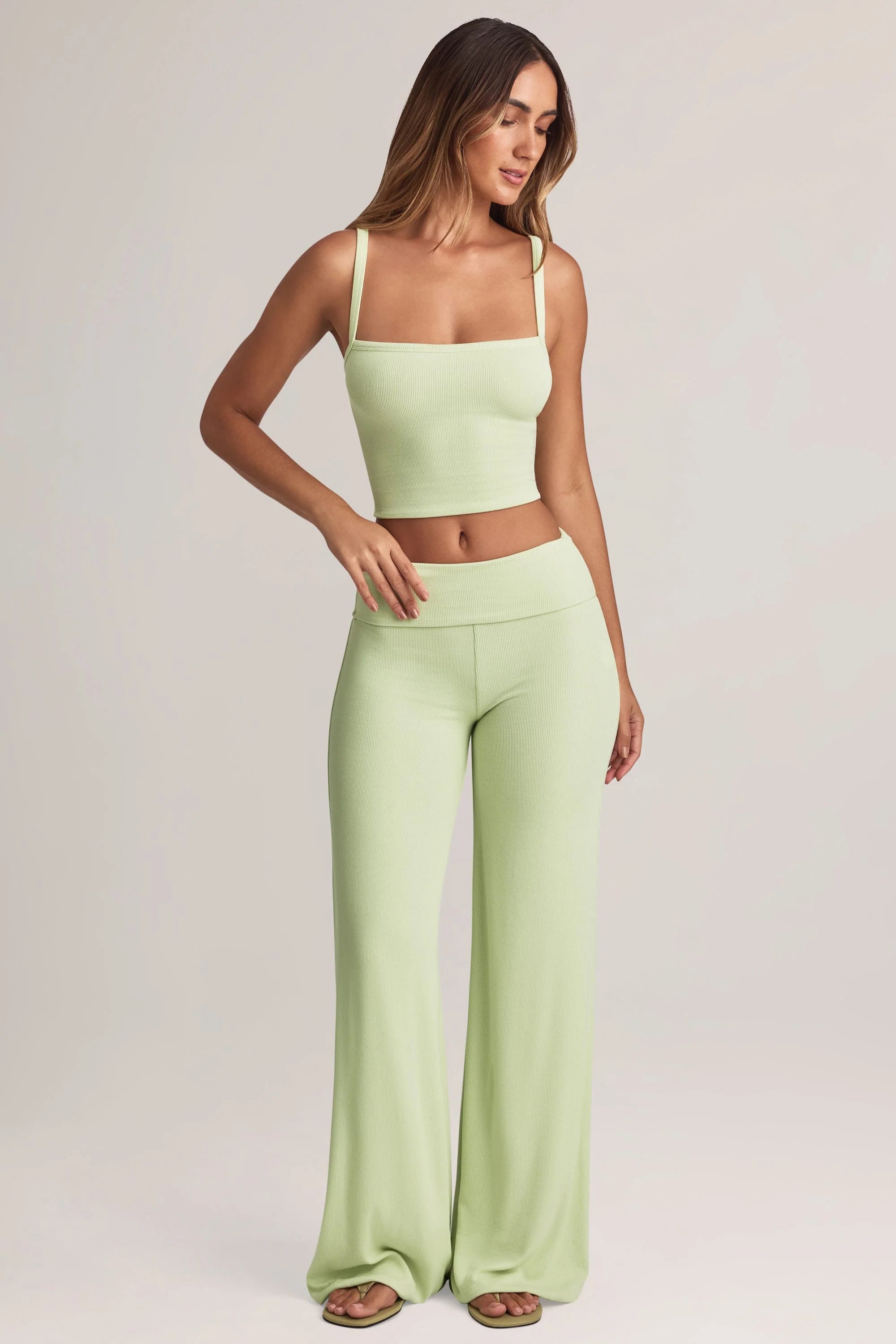 Modal Foldover Wide-Leg Trousers in Sage Green