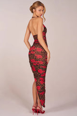 Halterneck Split Hem Midaxi Dress in Rose Leopard Print