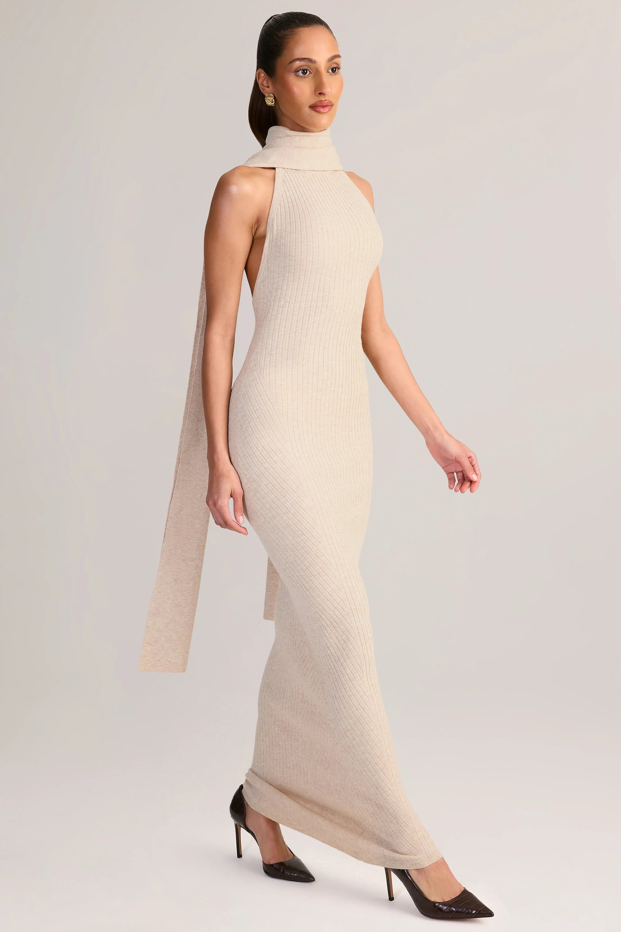 Rib-Knit Scarf-Detail Halterneck Maxi Dress in Cream