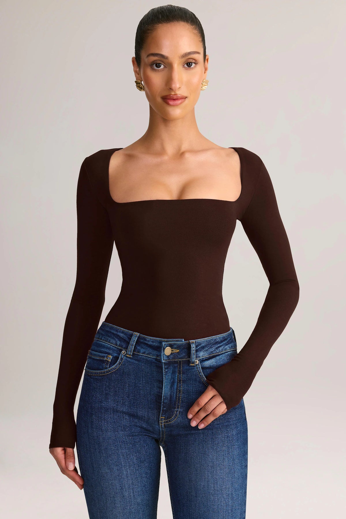 Modal Square-Neck Long-Sleeve Top in Chocolate Brown