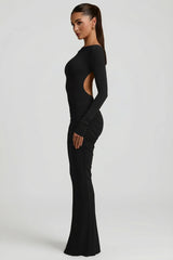 Modal Ruched Backless Maxi Dress in Black