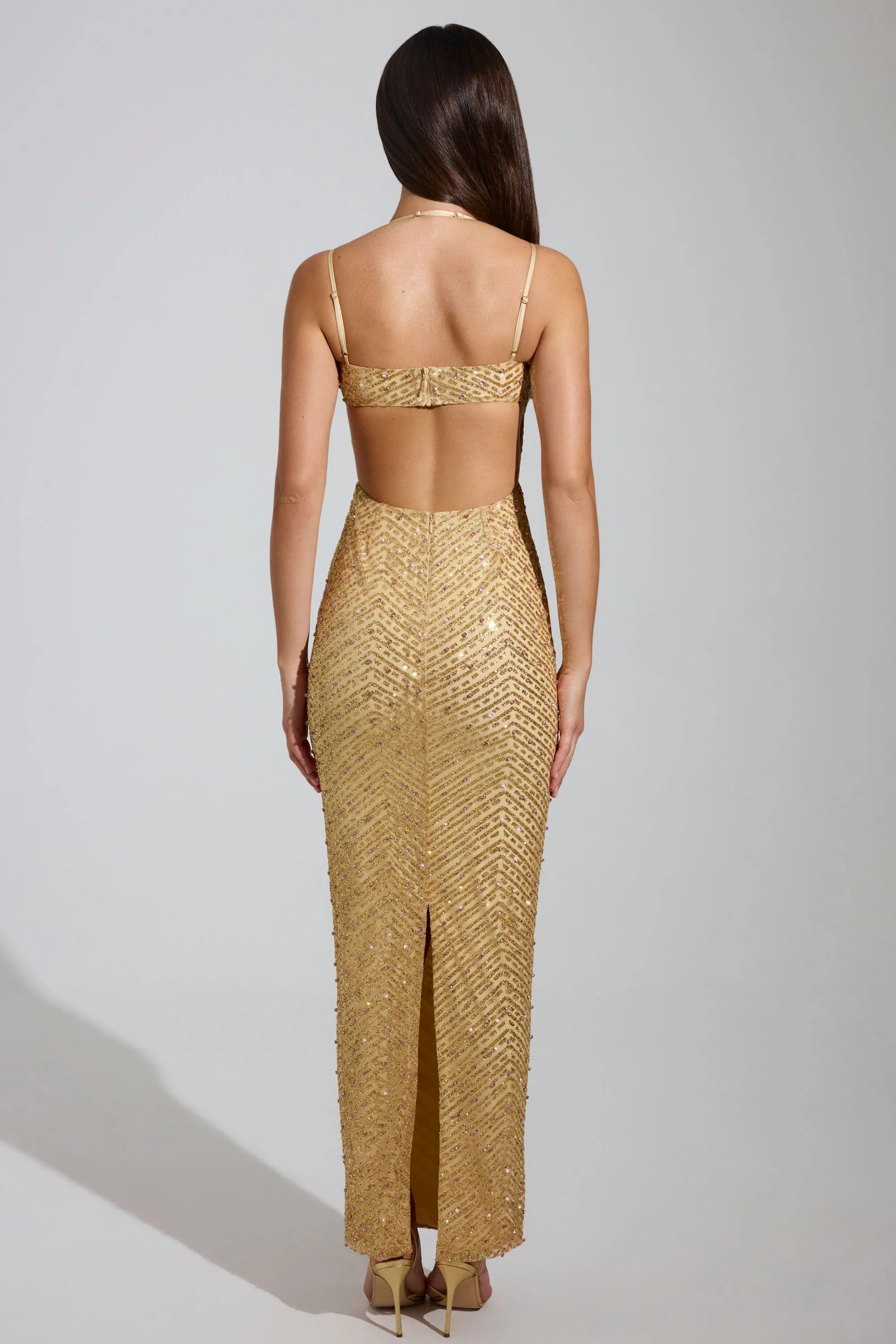 Embellished Cowl-Neck Maxi Dress in Gold