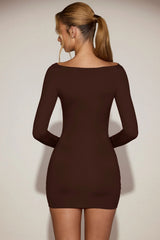 Soft-Jersey Boat-Neck Draped Mini Dress in Chocolate Brown