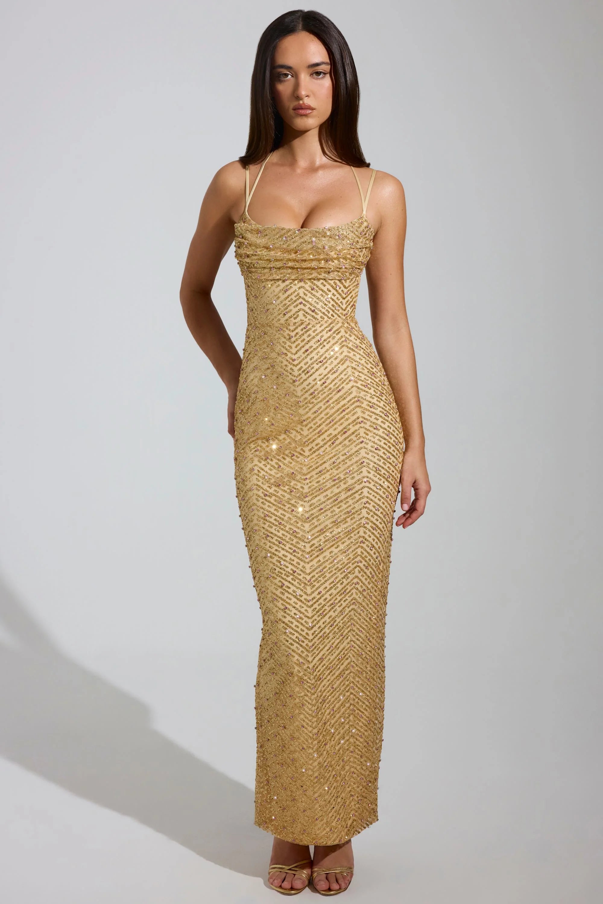Embellished Cowl-Neck Maxi Dress in Gold