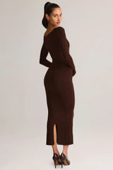 Modal Peekaboo Long-Sleeve Midi Dress in Chocolate Brown