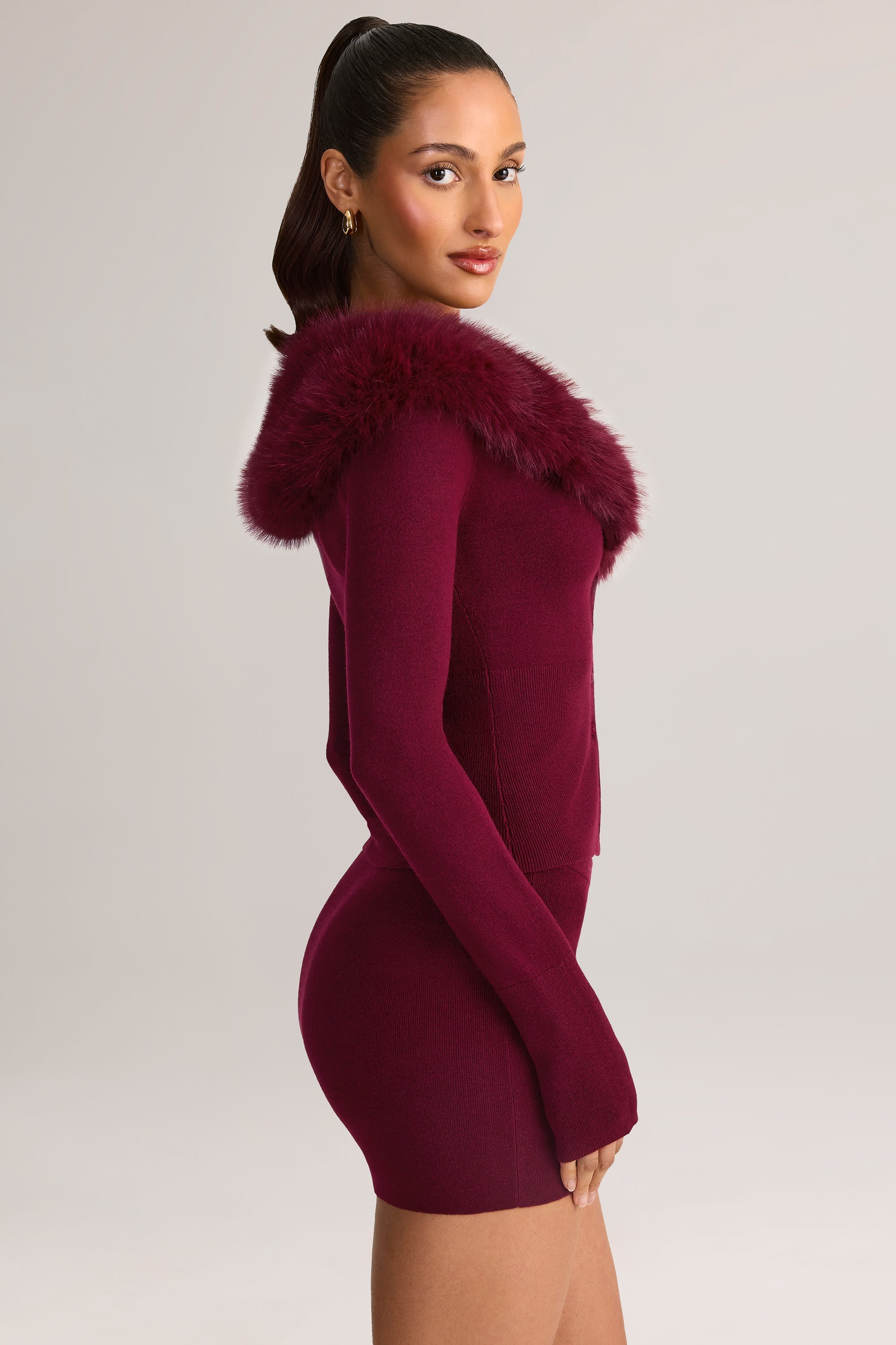 Knit Faux-Fur-Trim Cardigan in Wine