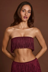 Fringed Bandeau Lace-up Crop Top in Wine Red