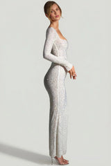 Embellished Long-Sleeve Fishtail Maxi Dress in White