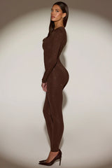 Embellished Jersey High-Waisted Leggings in Chocolate Brown