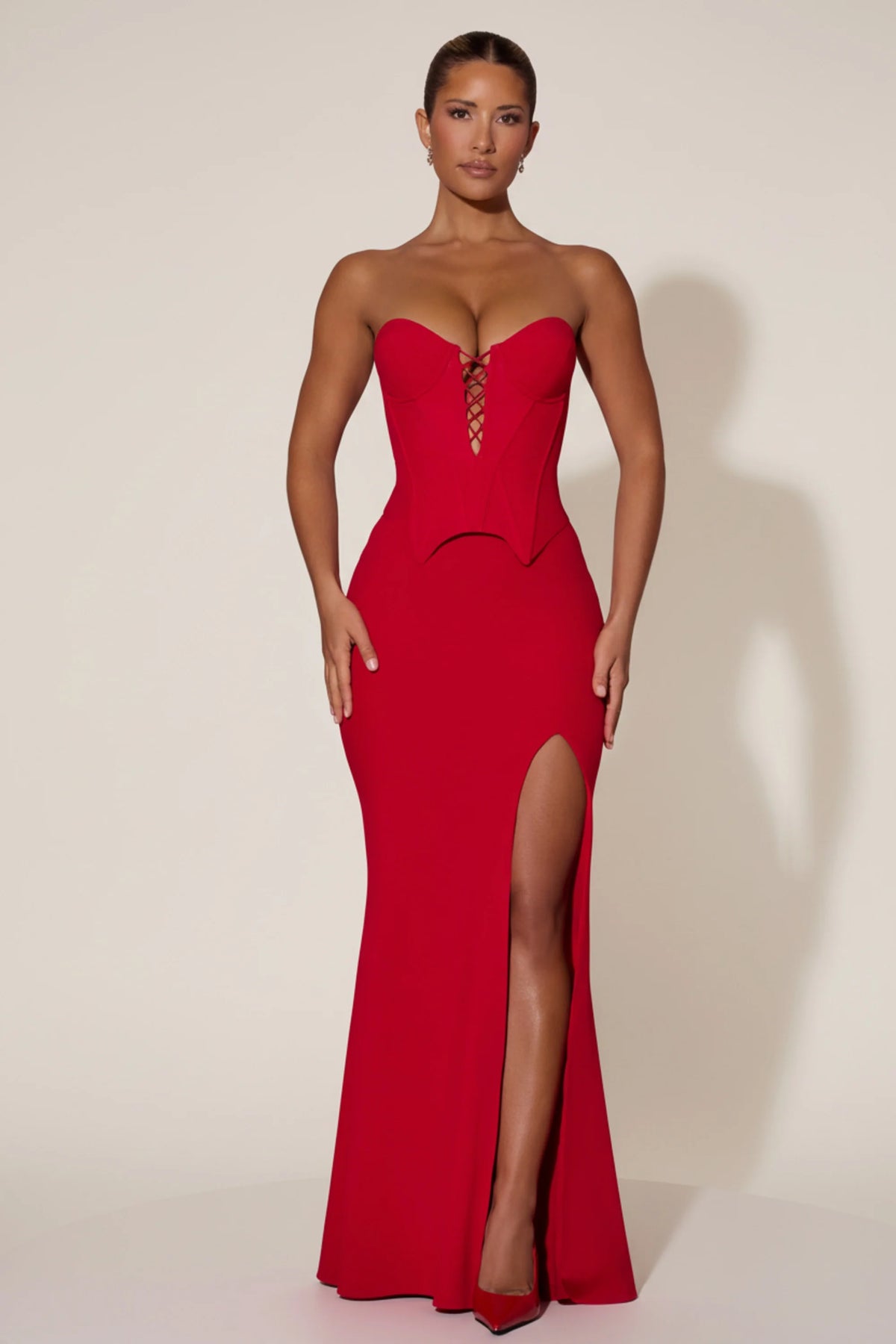 Lace-Up Corset Fishtail Maxi Dress in Red