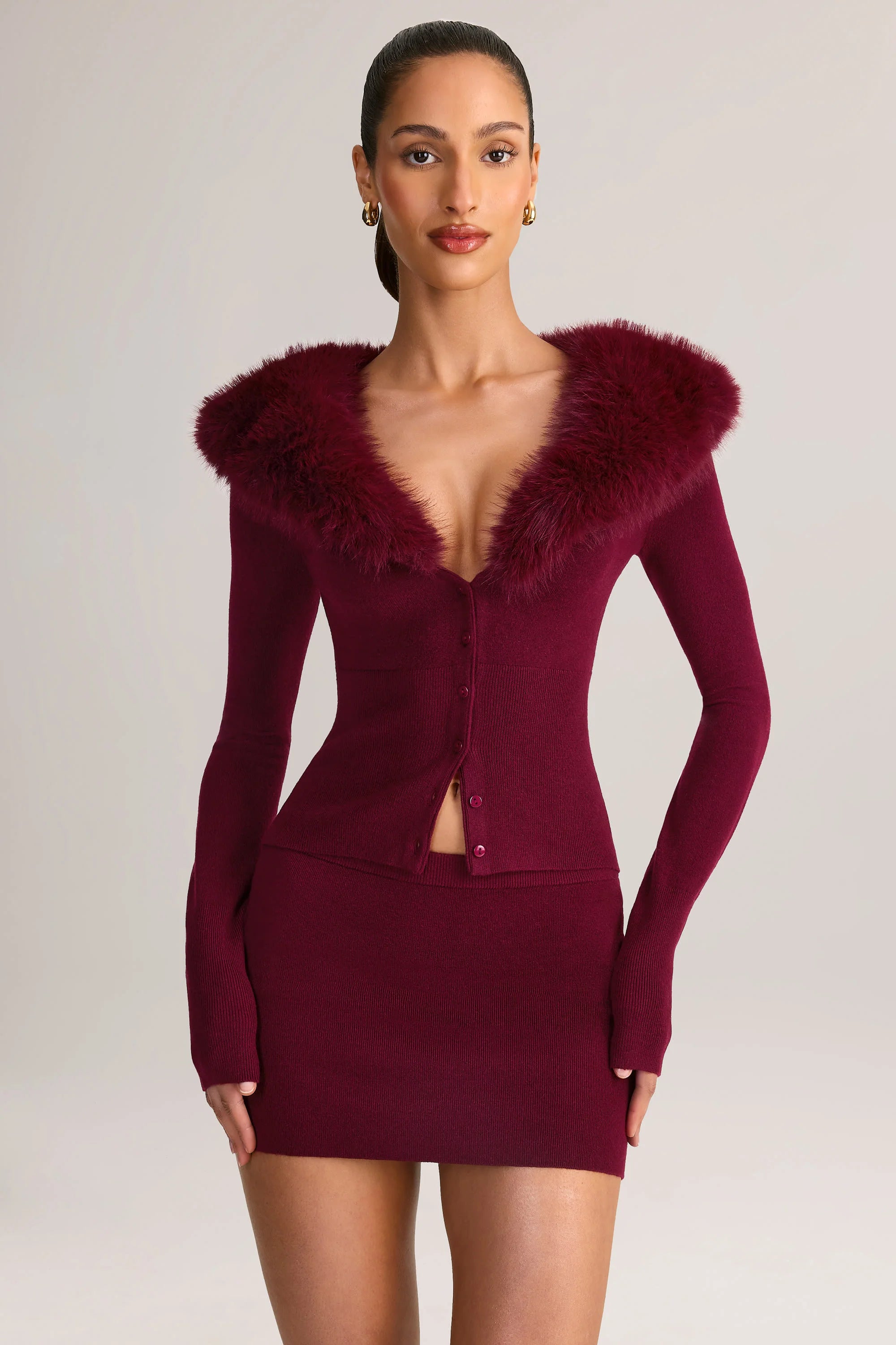 Knit Faux-Fur-Trim Cardigan in Wine