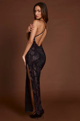 Embellished Halterneck Maxi Dress in Purple Snake