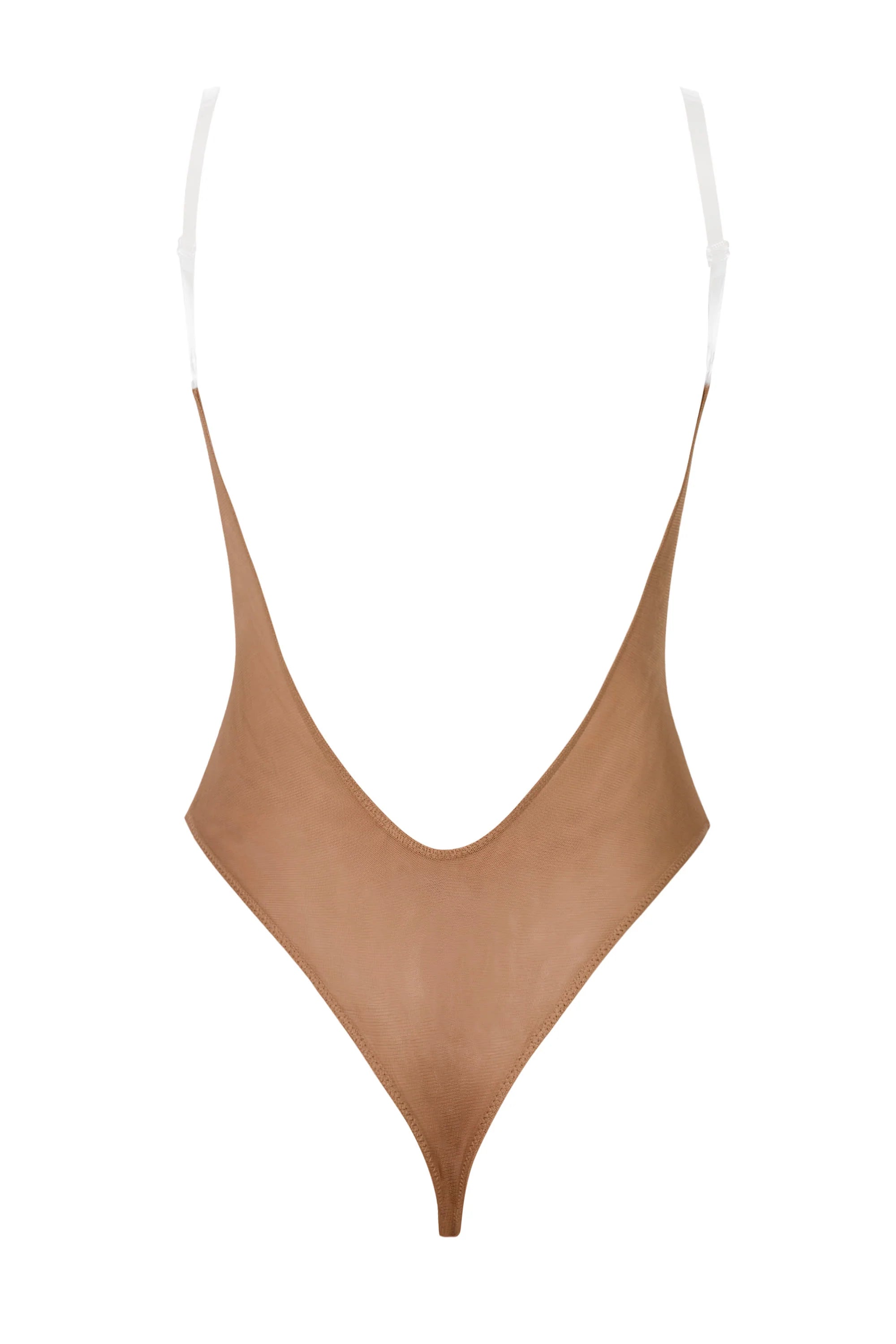 Soft Mesh Invisible Strap Thong Bodysuit in Honey