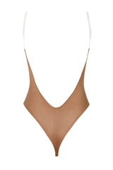 Soft Mesh Invisible Strap Thong Bodysuit in Honey