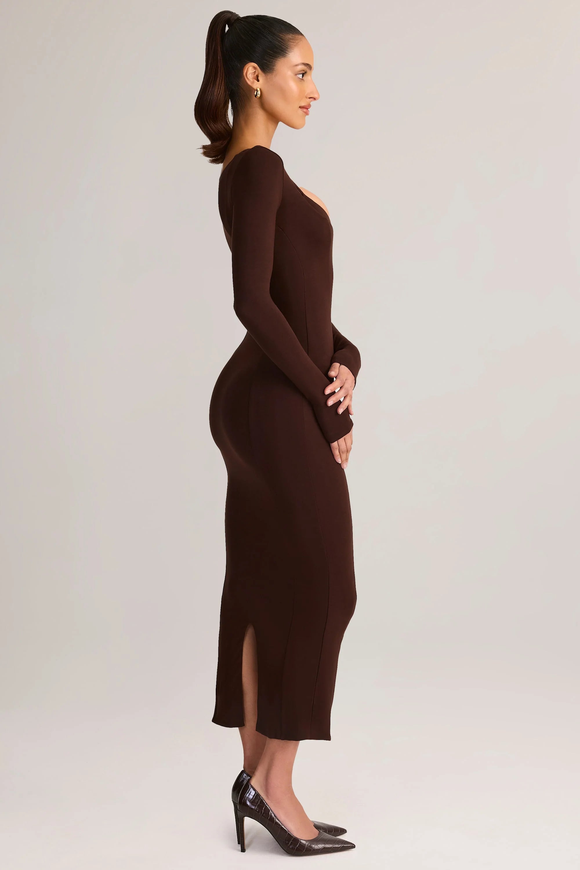 Modal Peekaboo Long-Sleeve Midi Dress in Chocolate Brown