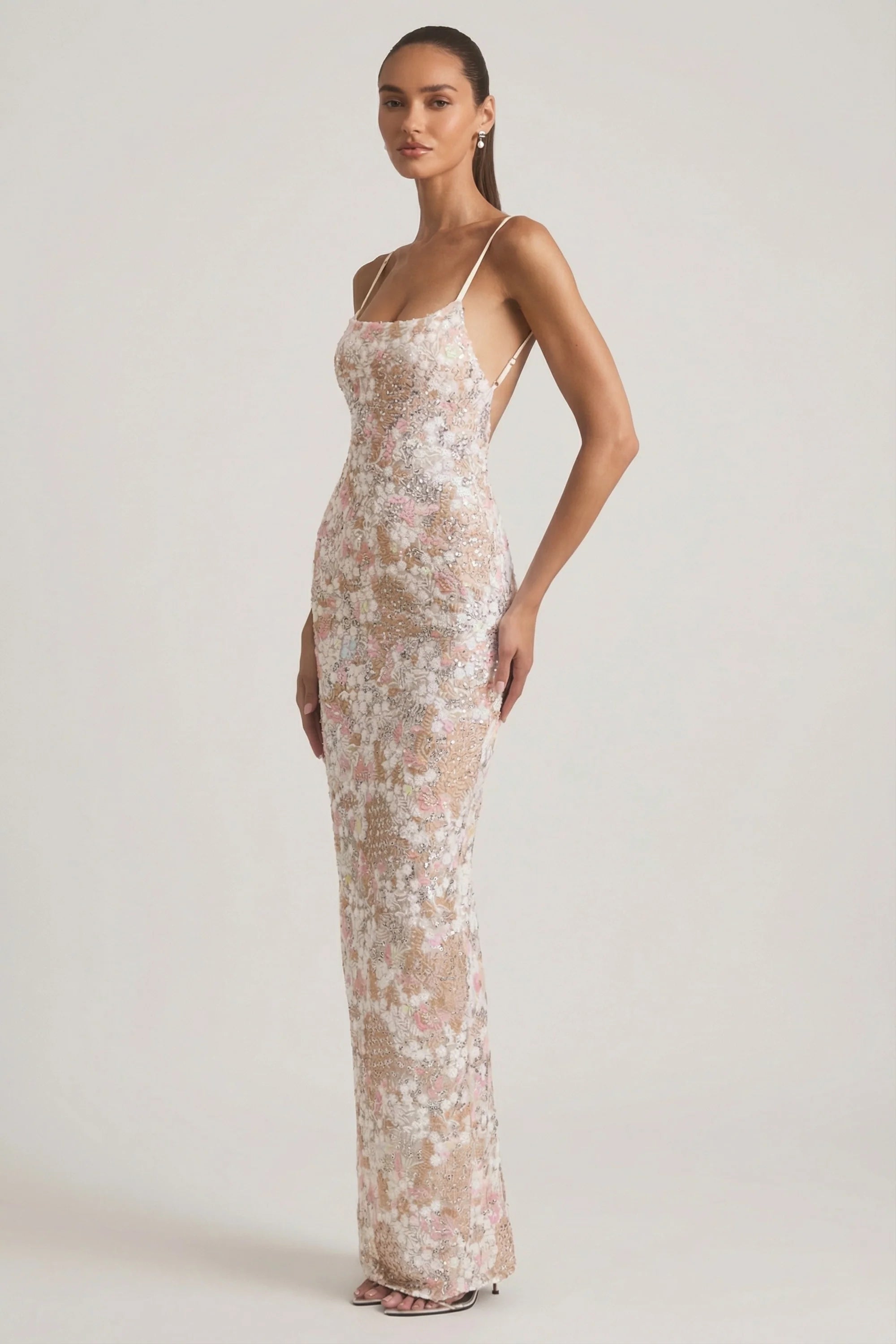 Embellished Scoop-Neck Backless Maxi Dress in Ivory