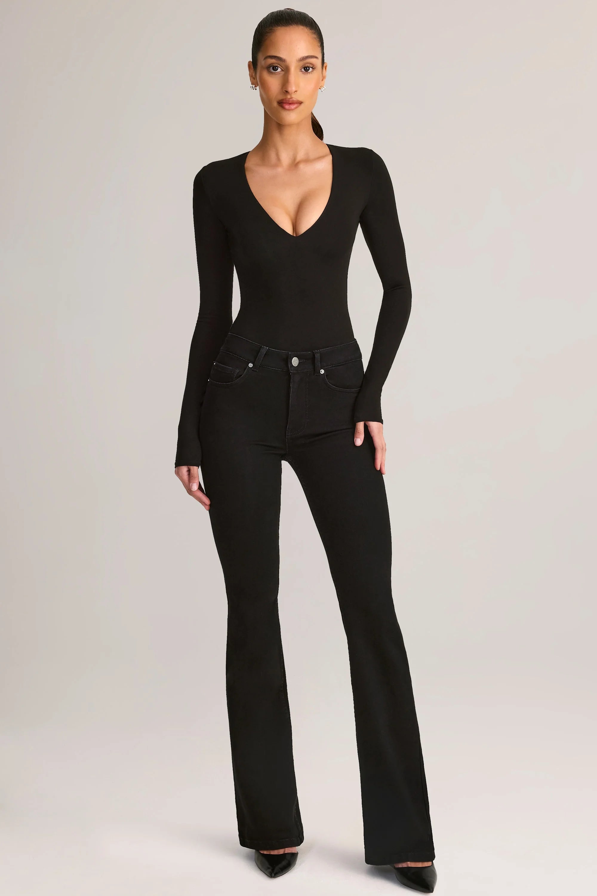 Modal Plunge Long-Sleeve Bodysuit in Black