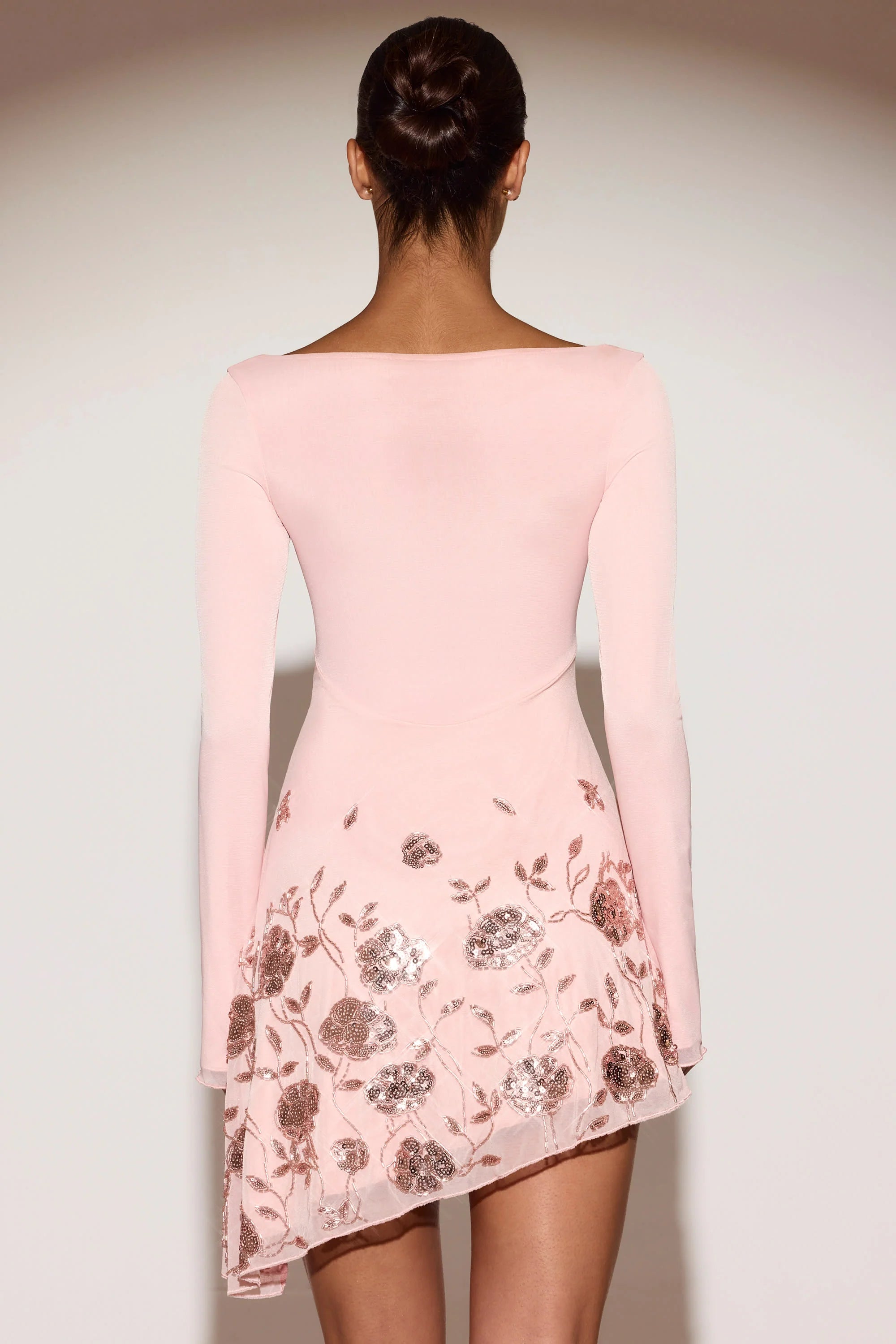 Embellished Appliqué Asymmetric Mini Dress in Pink