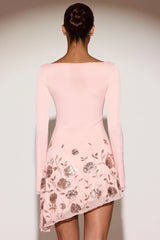 Embellished Appliqué Asymmetric Mini Dress in Pink