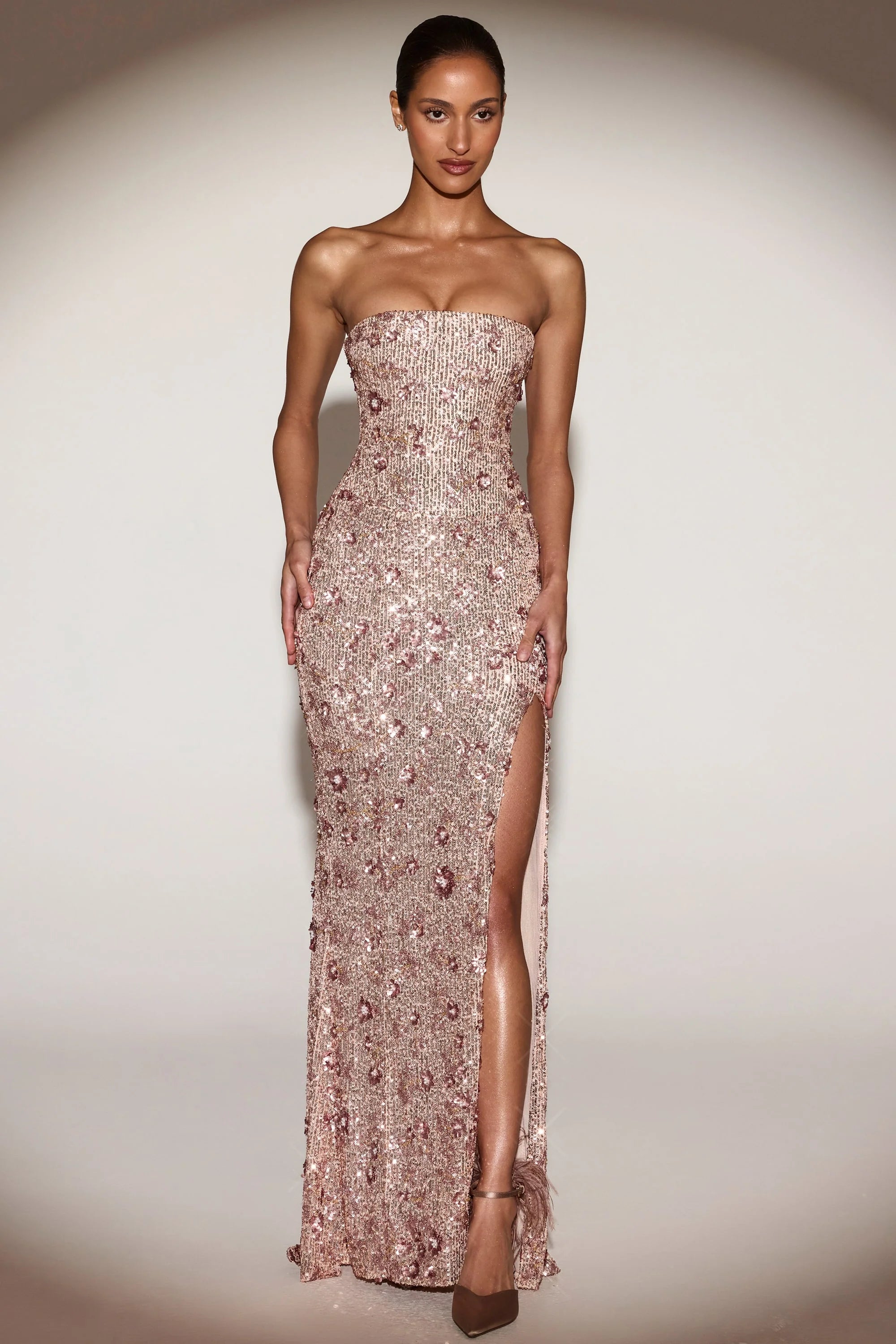Embellished Bandeau-Neck Strapless Gown in Rose Gold