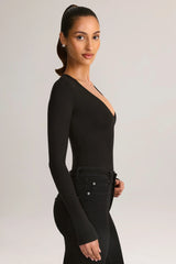 Modal Plunge Long-Sleeve Bodysuit in Black