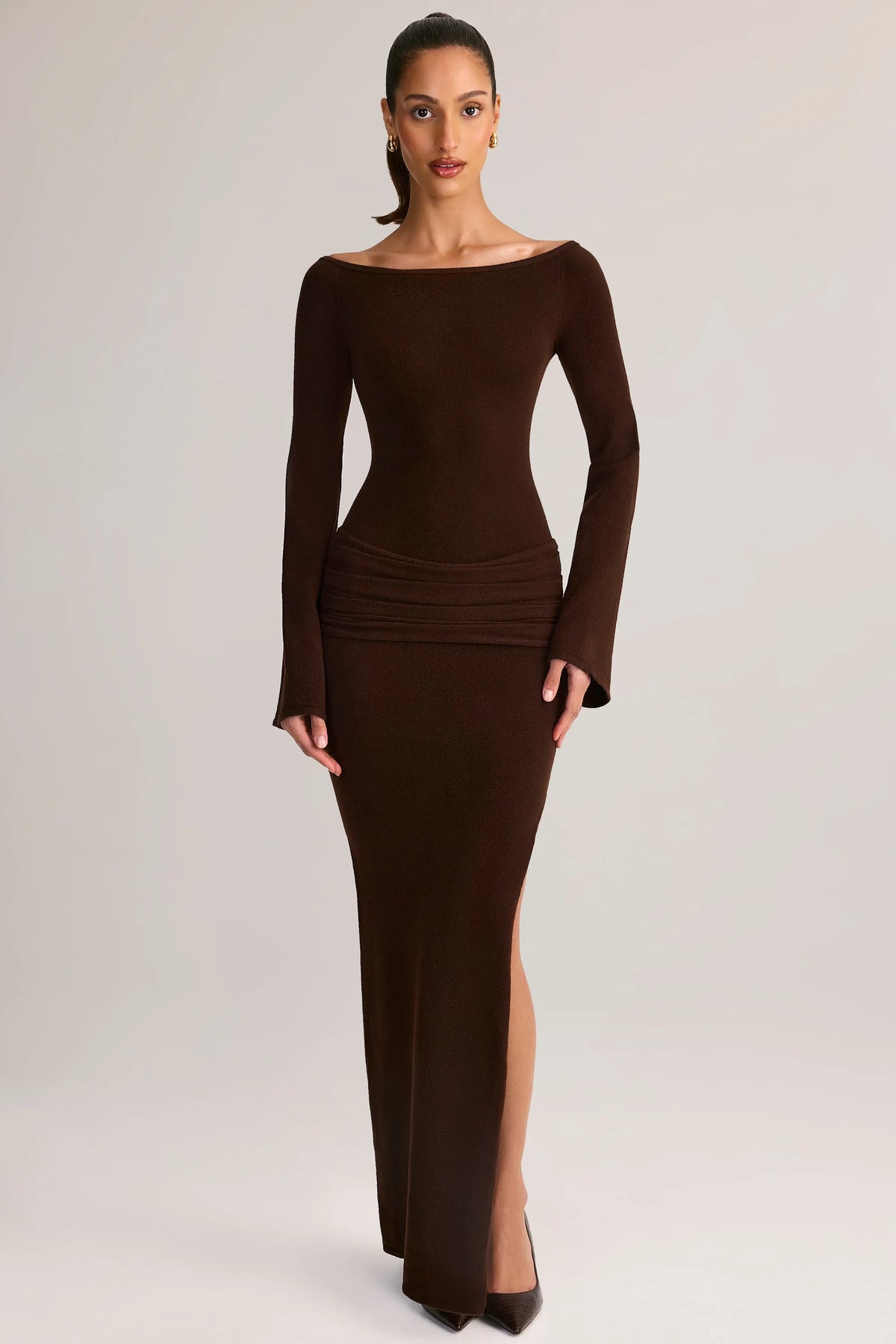 Rib-Knit Boat-Neck Long-Sleeve Maxi Dress in Chocolate Brown