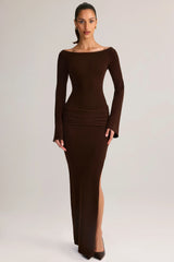 Rib-Knit Boat-Neck Long-Sleeve Maxi Dress in Chocolate Brown