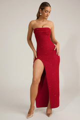 Embellished Strapless Cowl-Neck Maxi Dress in True Red