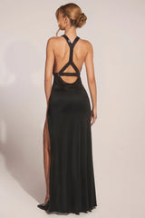 Cowl-Neck Thigh-High Gown in Black