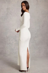 Soft Jersey Boat-Neck Tie-Gather Maxi Dress in White