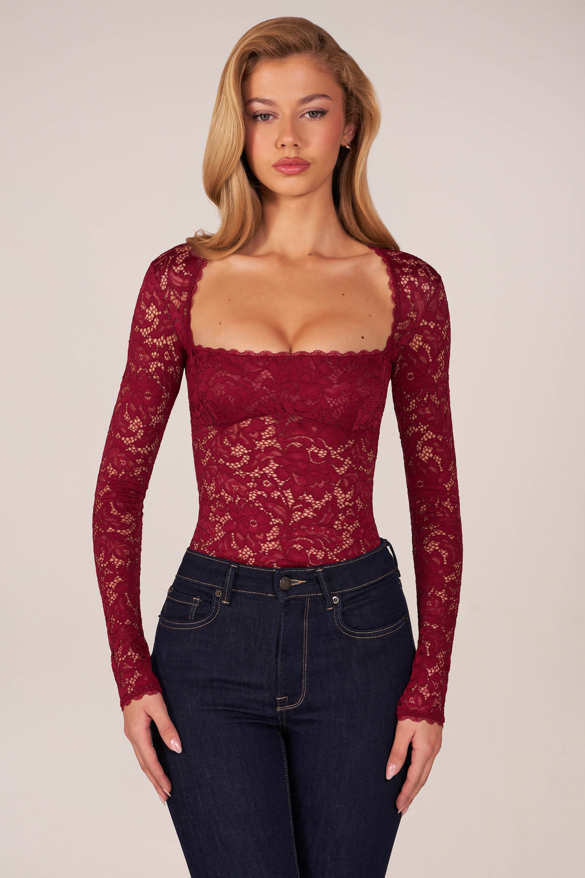 Long-Sleeve Laced Bodysuit in Cherry Red