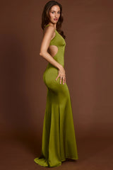Scoop-Neck Lace-up Back Maxi Dress in Olive Green