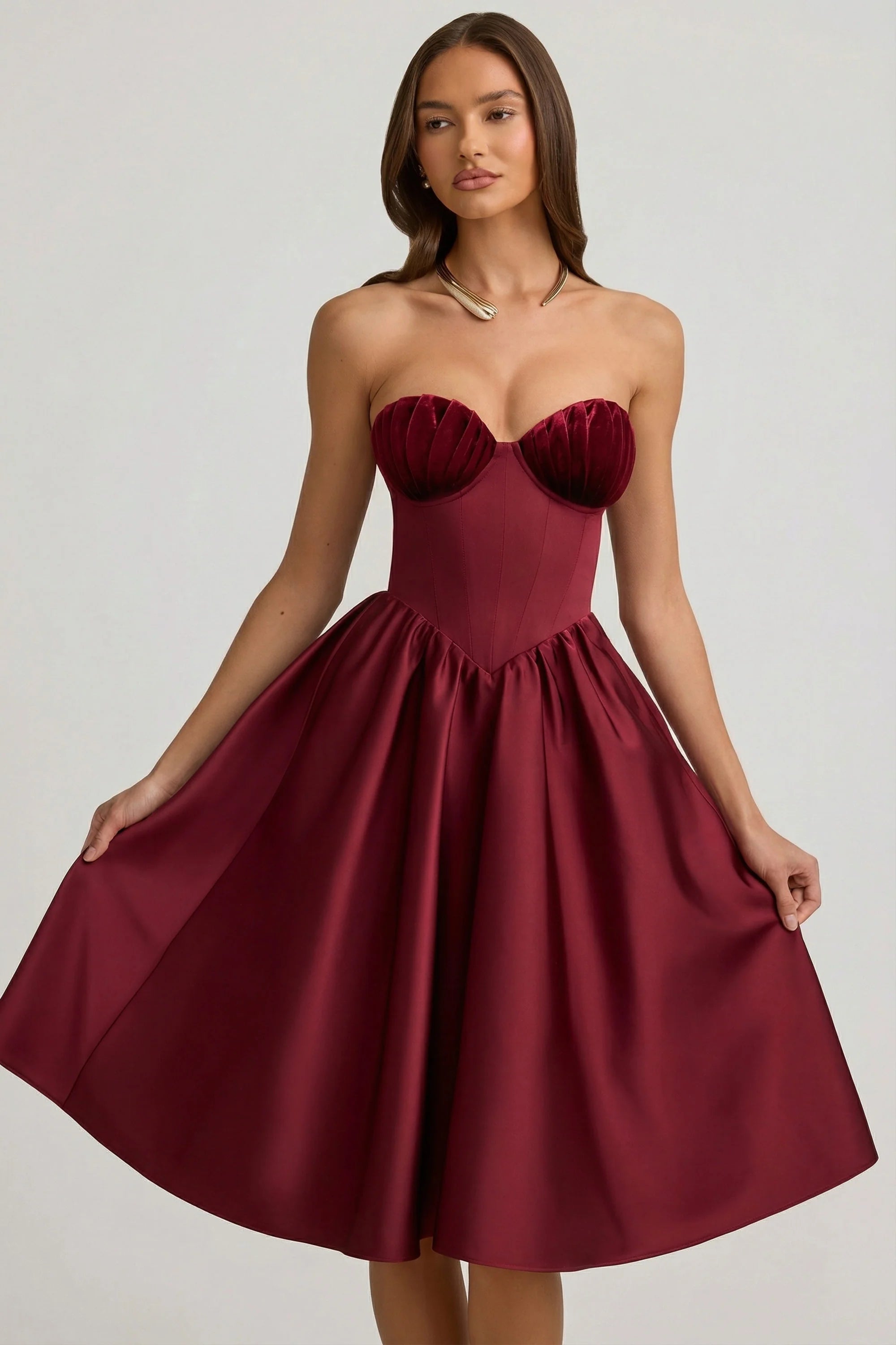 Strapless Corset Midi Dress in Wine Red